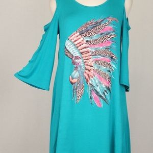 Indian War Bonnet Cold Shoulder Dress   NWT